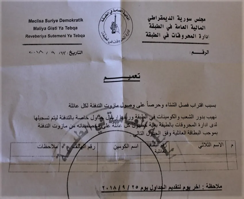 إدارة المحروقات في الطبقة تصدر تعميم توزيع مازوت التدفئة