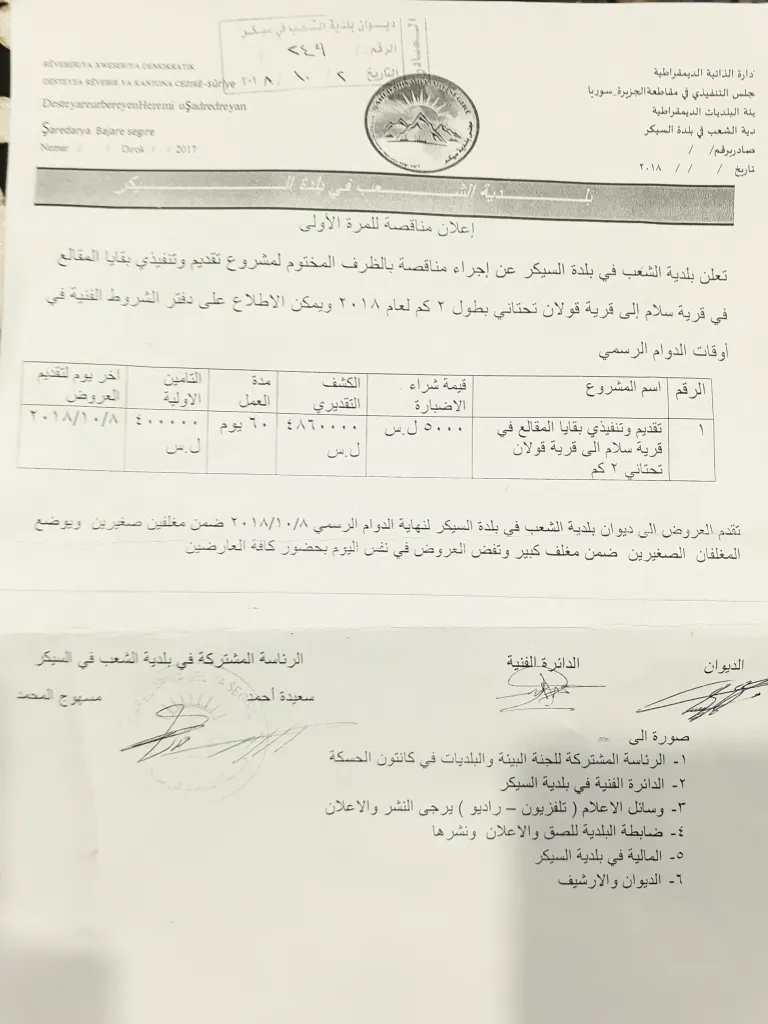 مناقصة لتنفيذ مشروع  تعبيد طريق قريتي السلام وقولان