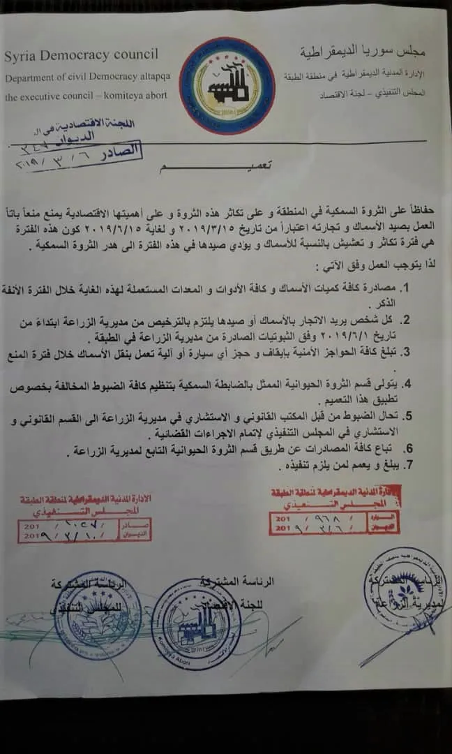 لجنة الاقتصاد تصدر تعميماً للحفاظ على الثروة السمكية في الطبقة