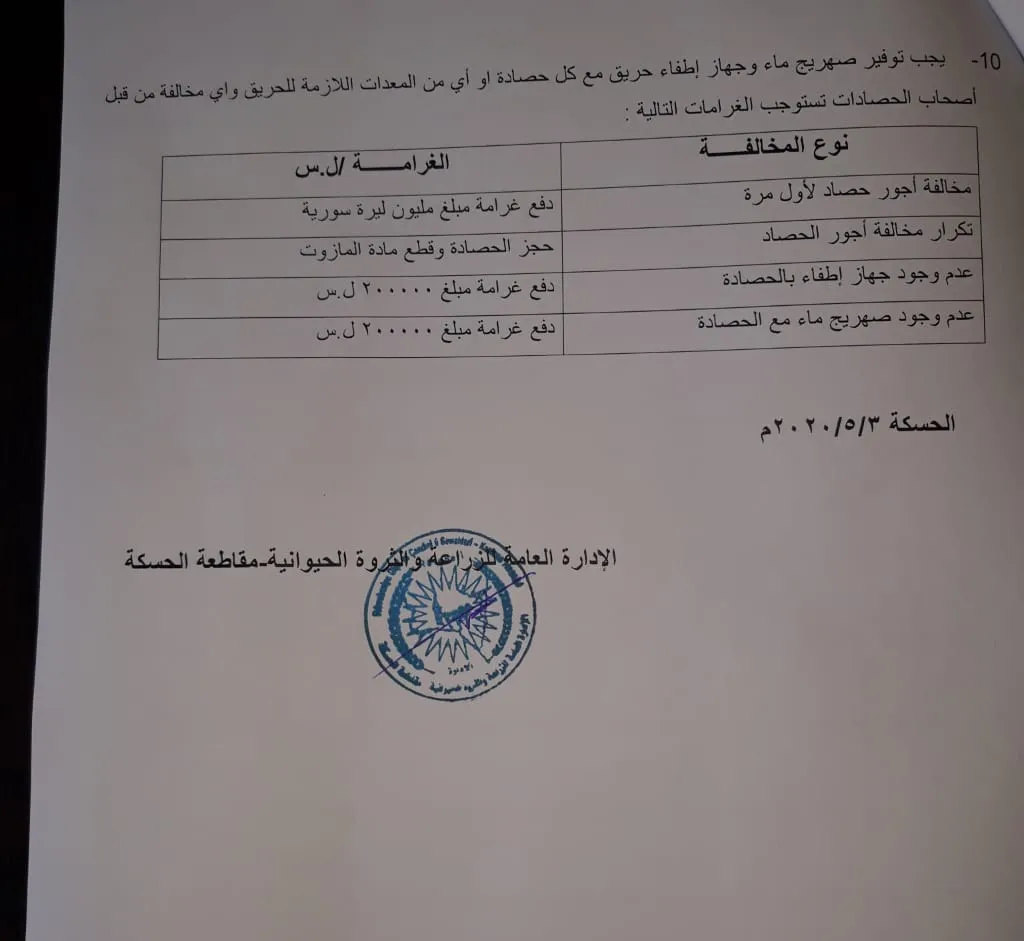 تعميم يوضح آلية توزيع المازوت على الحصادات في مقاطعة الحسكة