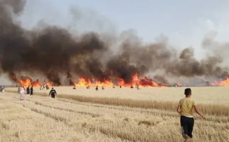 اندلاع حريق في محصول القمح في قرية عطشان بريف جل آغا