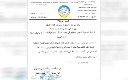 الإدارة الذاتية تعطّل الدوام في مؤسساتها بمناسبة رأس السنة الميلادية