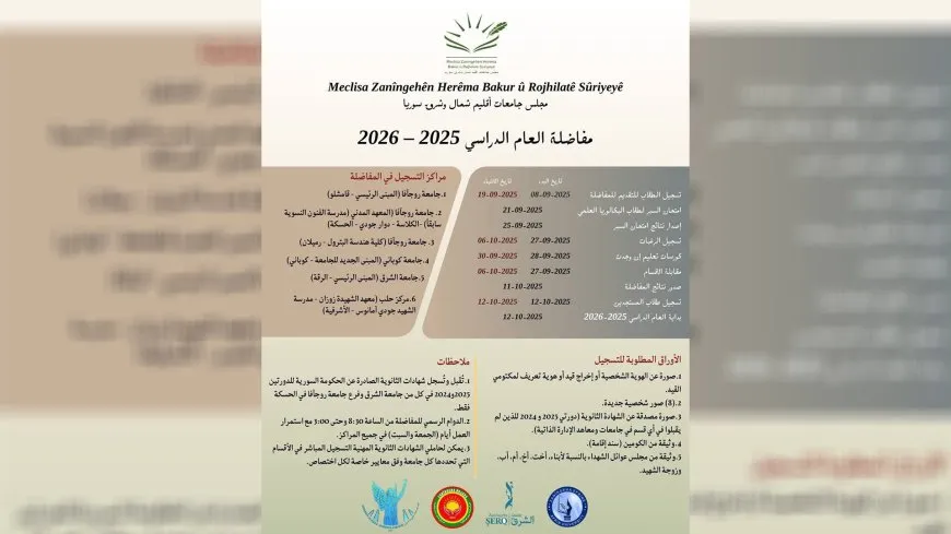  مجلس جامعات شمال وشرق سوريا يعلن عن مفاضلة العام الدراسي 2025–2026