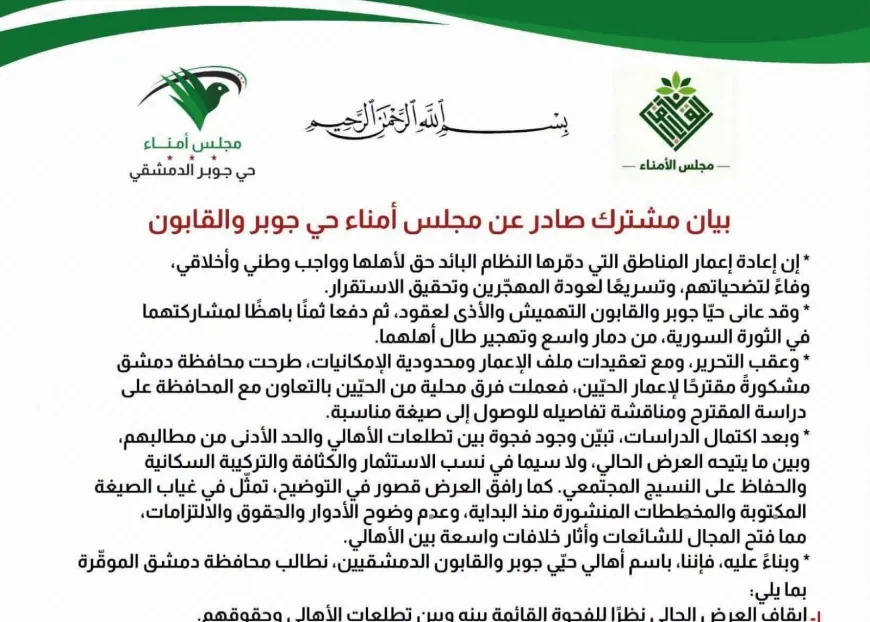 مجلس أمناء جوبر والقابون يطالب بضمان حقوق الملكية والعودة الآمنة
