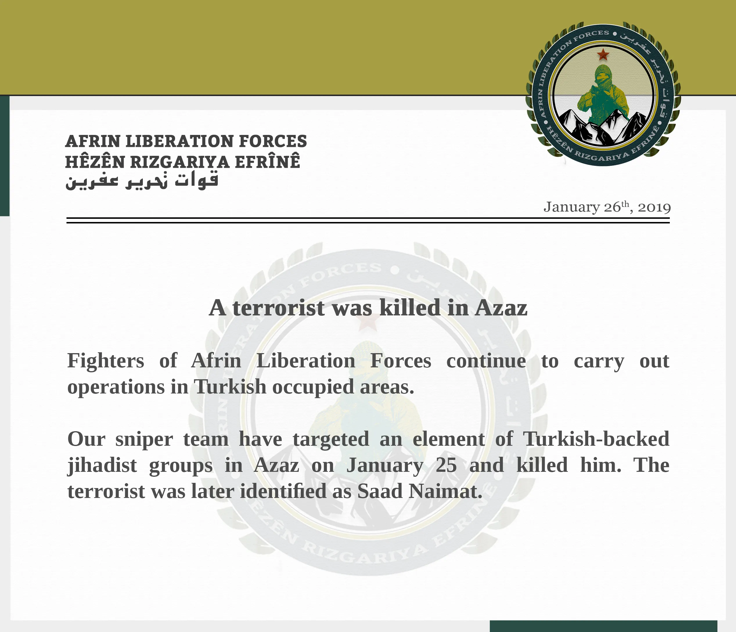 Afrin Liberation Forces conduct sniper op in Azaz