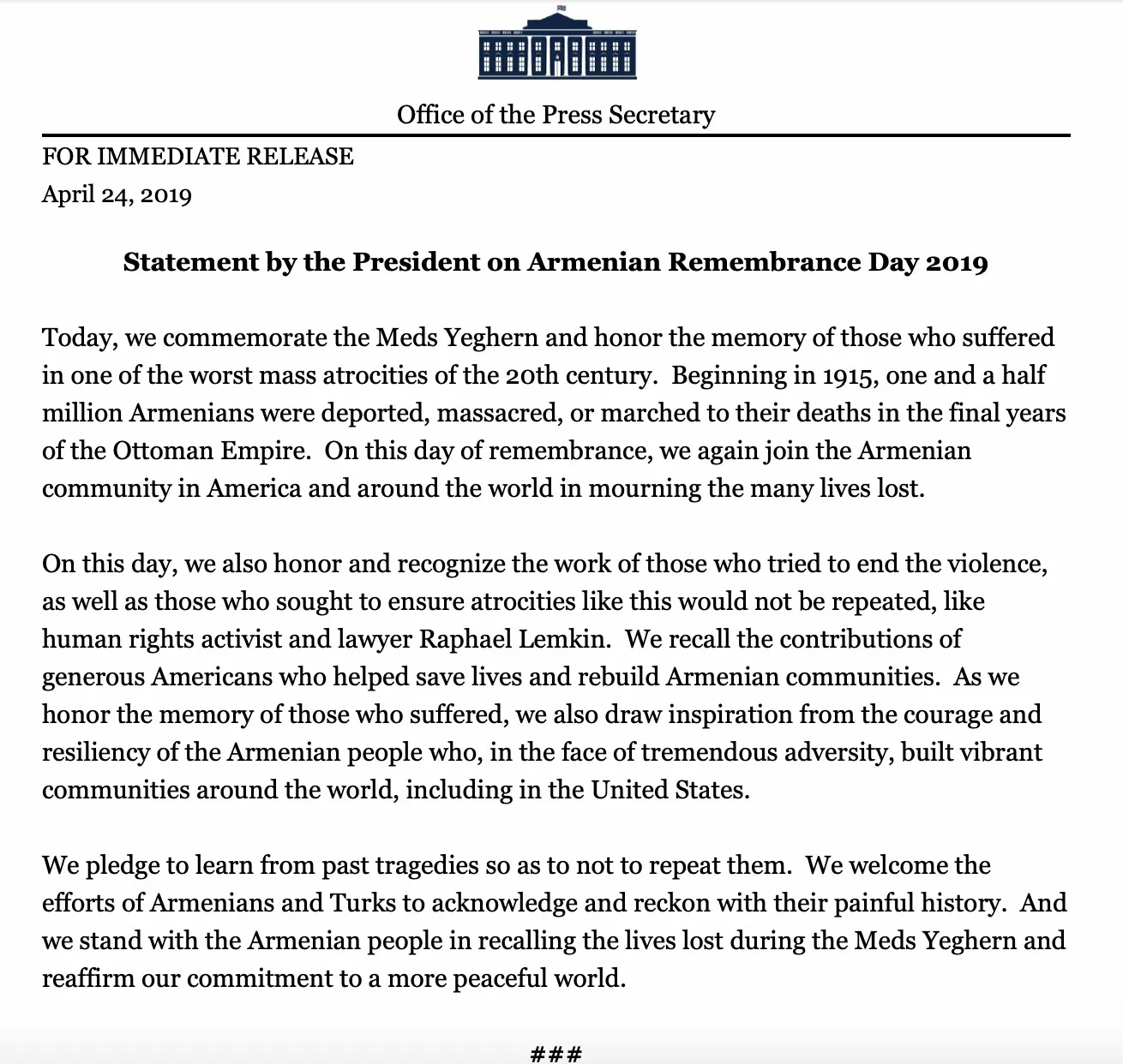 Trump commemorates Armenians massacre, calls it "grand crime" infuriating Turkey