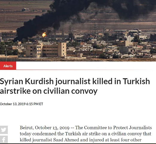 International (CPJ) condemns Turkey's shelling of the journalist as war crimes