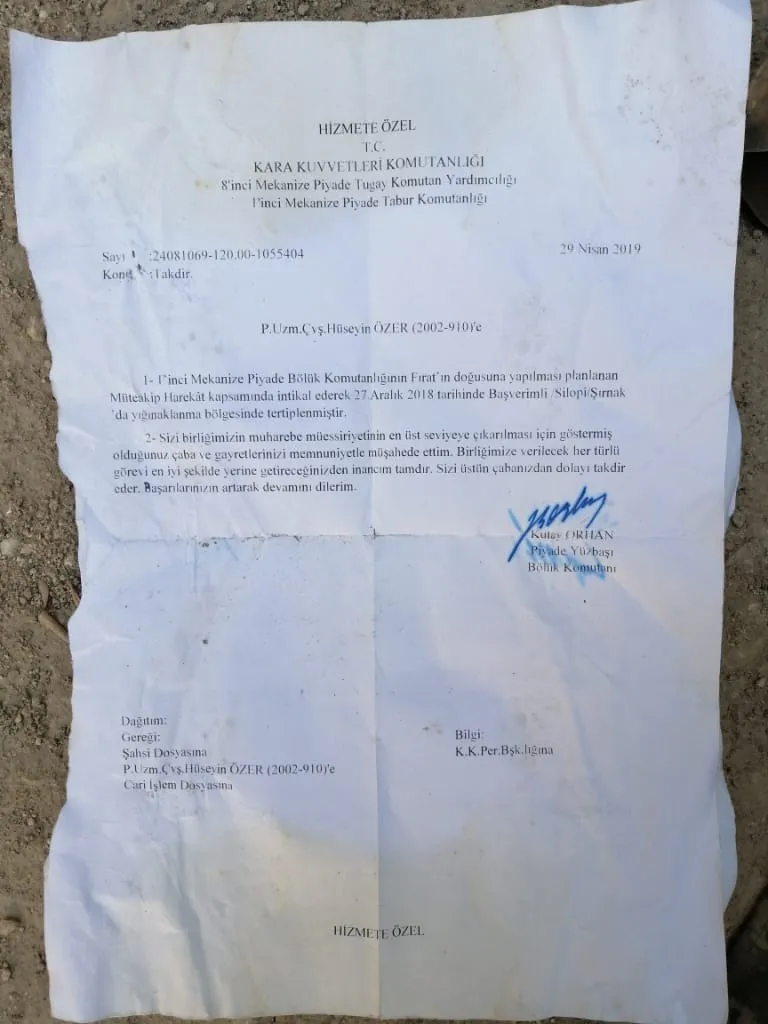 Documents found in Turkish occupation soldiers' corpses in Tel-Abyad