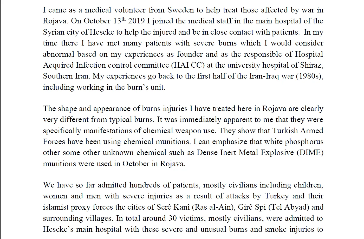 Medical report confirms Turkey's use of chemical weapons in Serêkaniyê shelling
