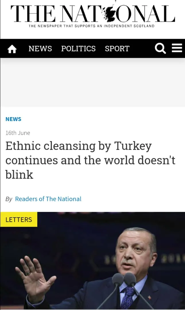 Scottish newspaper: ethnic cleansing by Turkey continues and the world silent