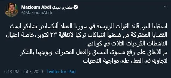 Mazloum Abdi: We received Russian forces' commander in Syria, agreed to increase level of coordination