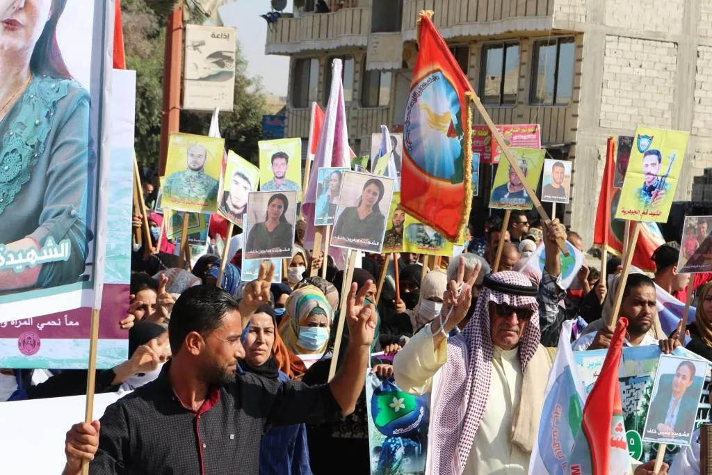 Al-Raqqa people demonstrate to commemorate Havrin Khalaf’s 1st martyrdom anniversary