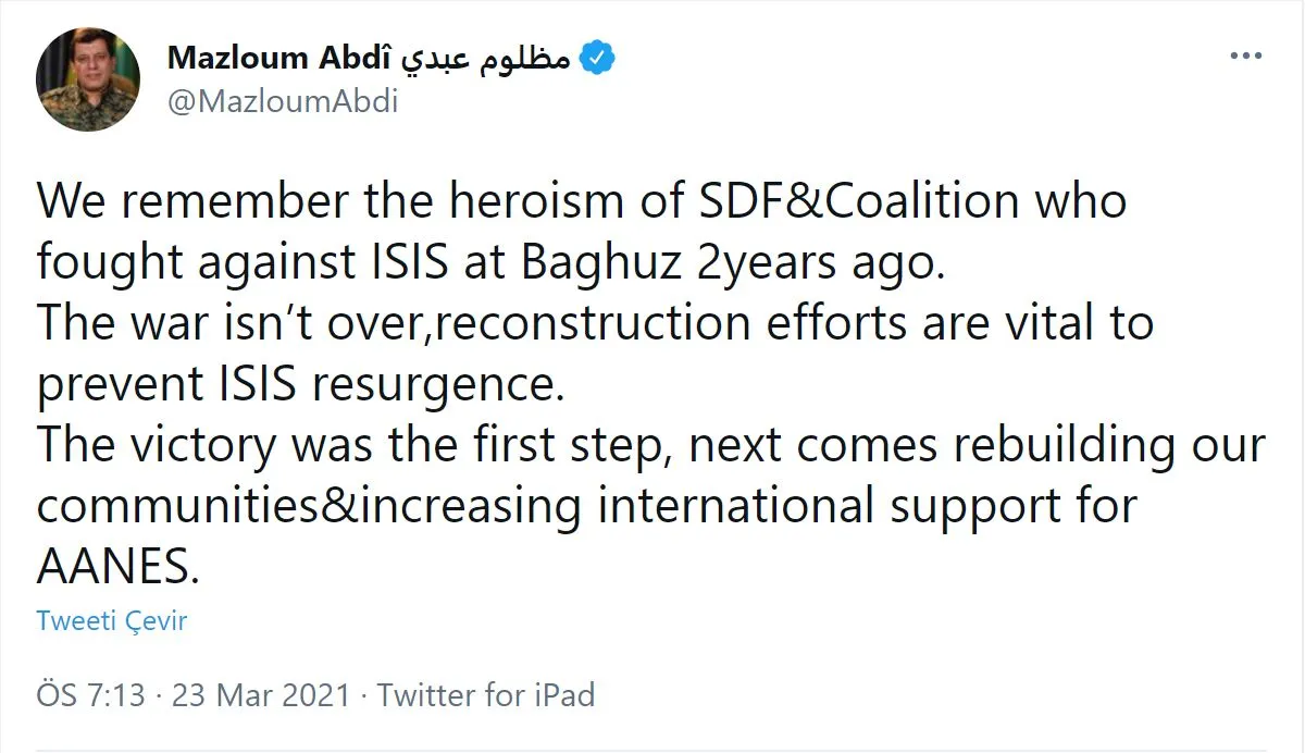 Mazloum Abdi: Reconstruction efforts are vital to prevent ISIS resurgence