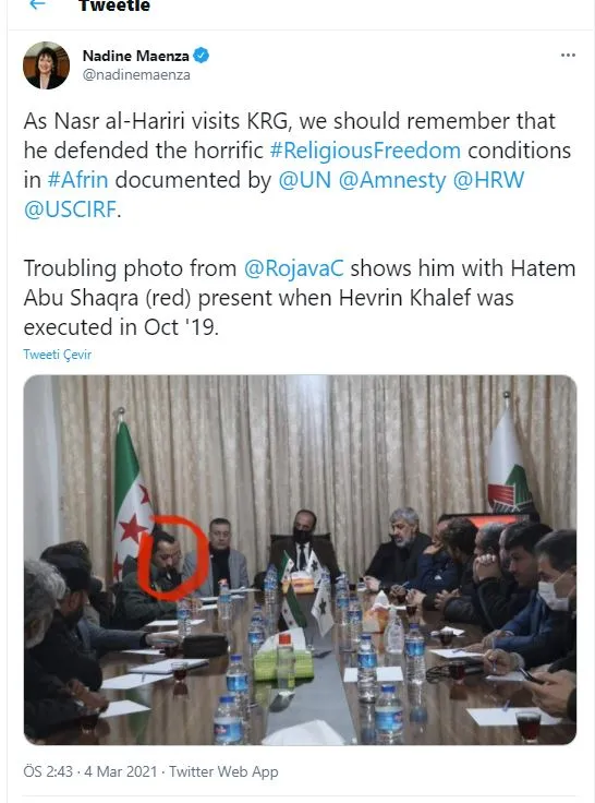 Nadine Maenza: Al-Hariri’s presence in Kurdistan is dangerous, shameful