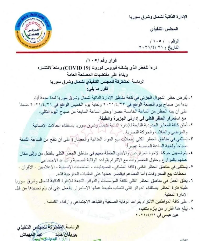 Total curfew extended and partial one declared in NE Syria