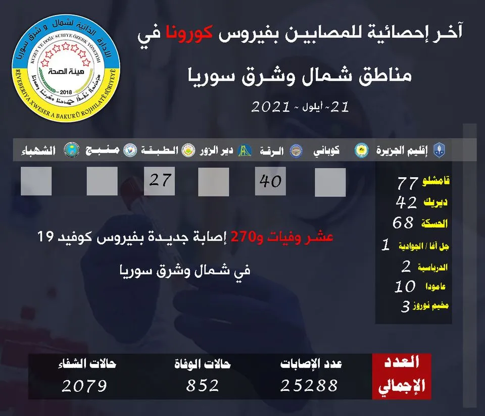 10 deaths, 270 new COVID 19 cases in NE, Syria