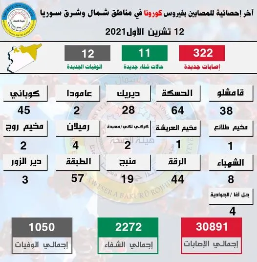 ​​​​​​​12 deaths, 322 new COVID 19 cases in NE, Syria