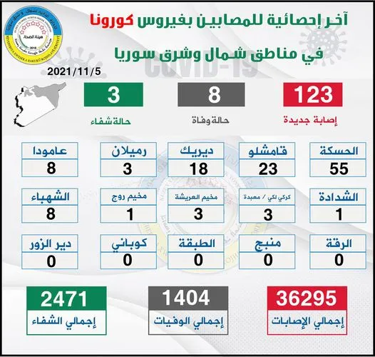 ​​​​​​​8 deaths, 123 new cases of coronavirus tested positive in northeastern Syria