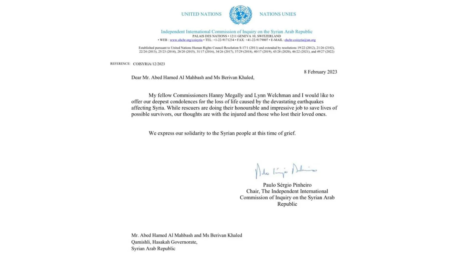 A telegram of condolence to the Autonomous Administration for the victims of the earthquake that struck Syria