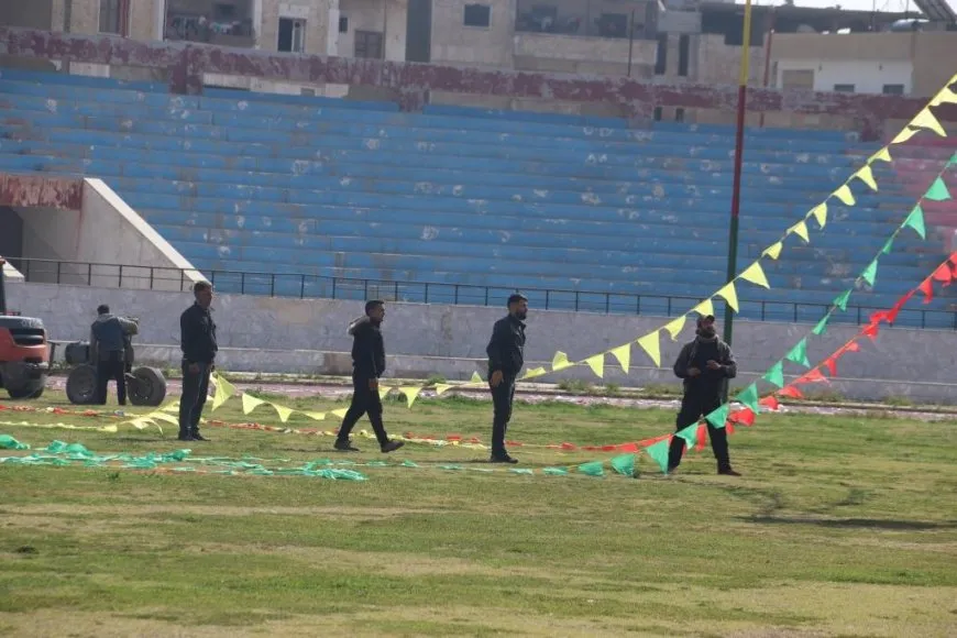 Raqqa Stadium is decorated for Newroz celebrants