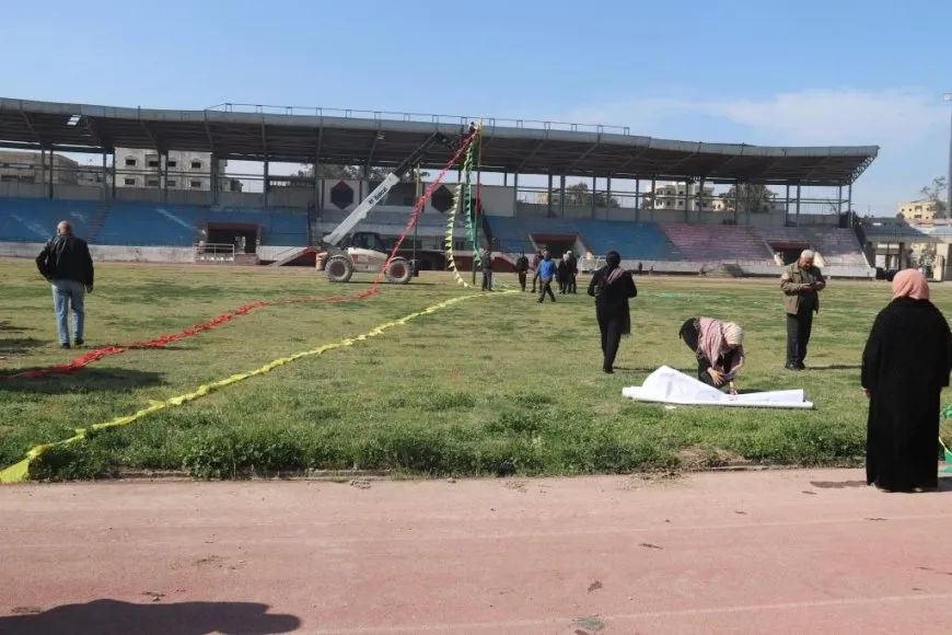 Raqqa Stadium is decorated for Newroz celebrants