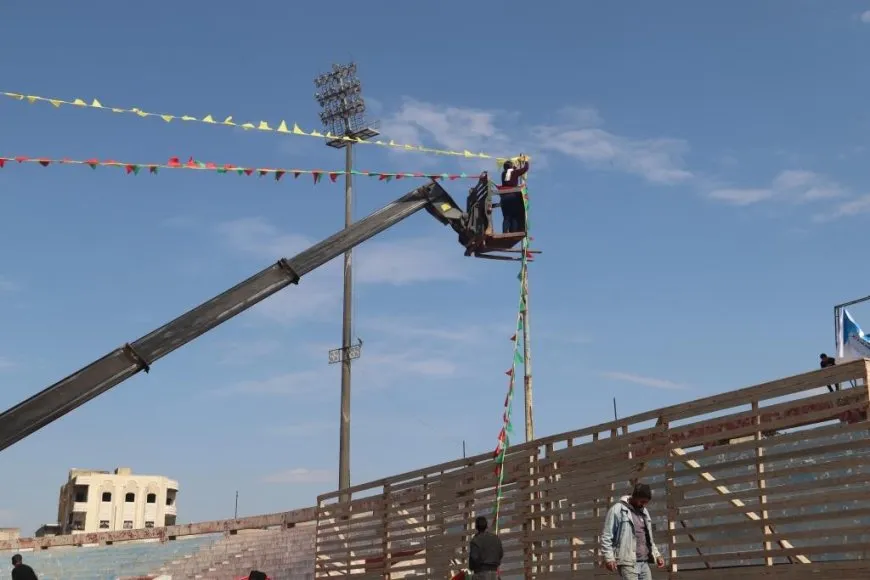 Raqqa Stadium is decorated for Newroz celebrants