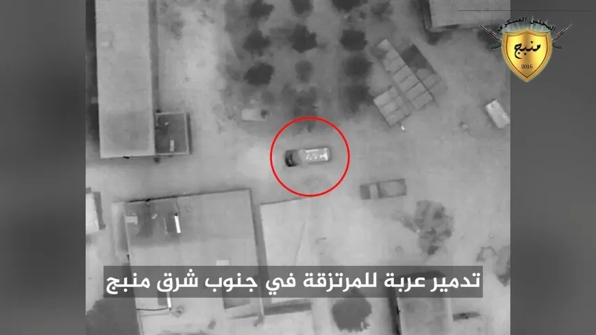 Moment of Turkish occupation mercenaries' vehicle destruction southeast of Manbij