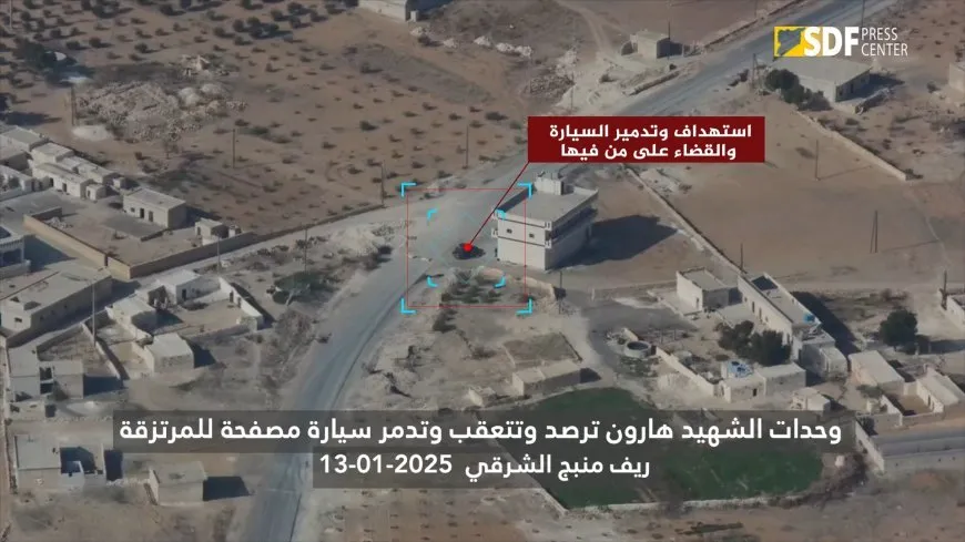 SDF's aerial units track, target and destroy Turkish mercenaries’ vehicle in Manbij