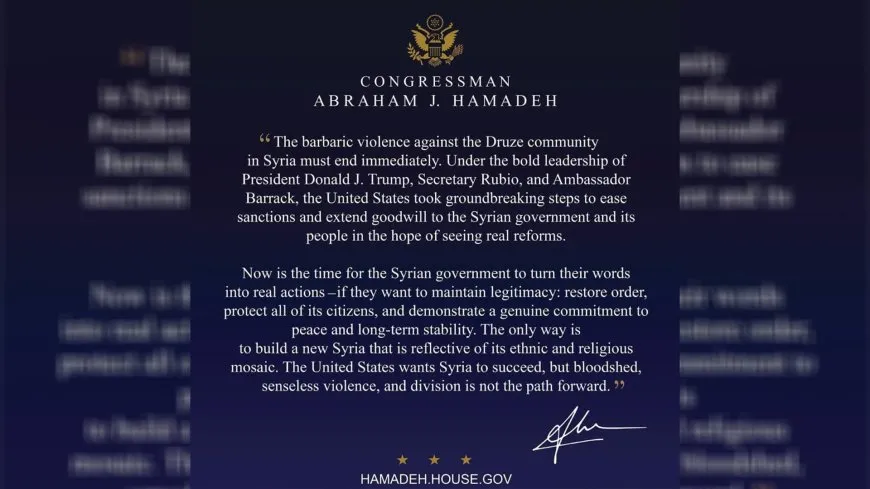 U.S. Congressman calls on al-Shara'a to stop violence against Druze, turn Words into action