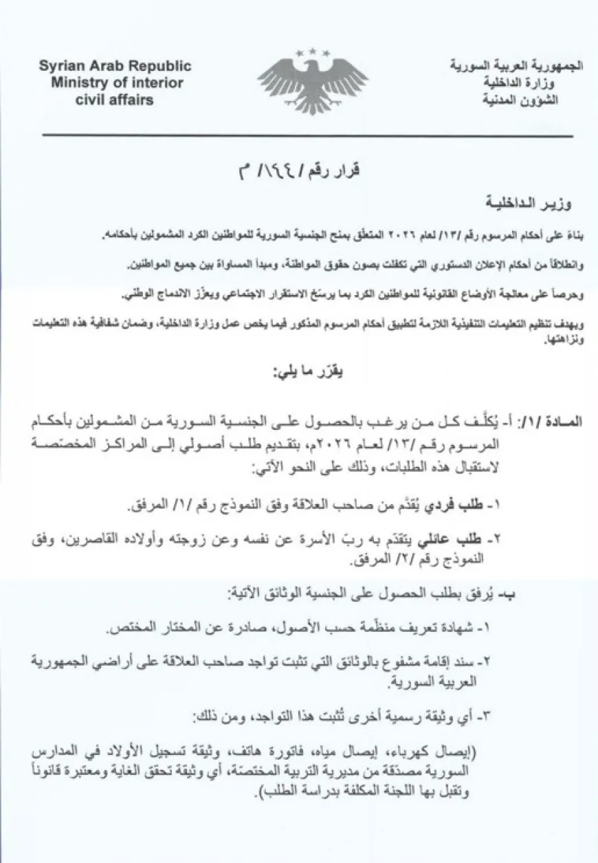 Ministry of Interior issues decision to implement citizenship decree for Kurds