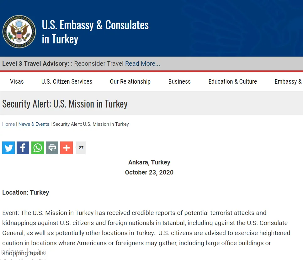 Embajada de Estados Unidos suspende sus obras en Turquía tras informes de posibles ataques contra estadounidenses