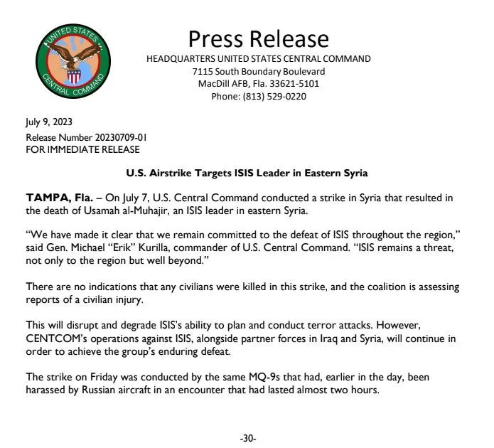 ​​​​​​​Washington anuncia el asesinato de un líder de mercenarios de ISIS