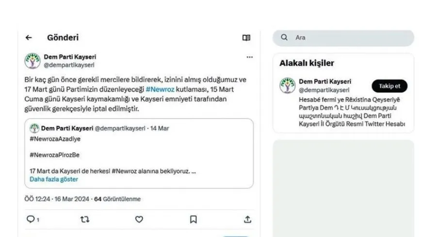 Las autoridades de la ciudad de Qeyseri prohíben celebrar el Newroz