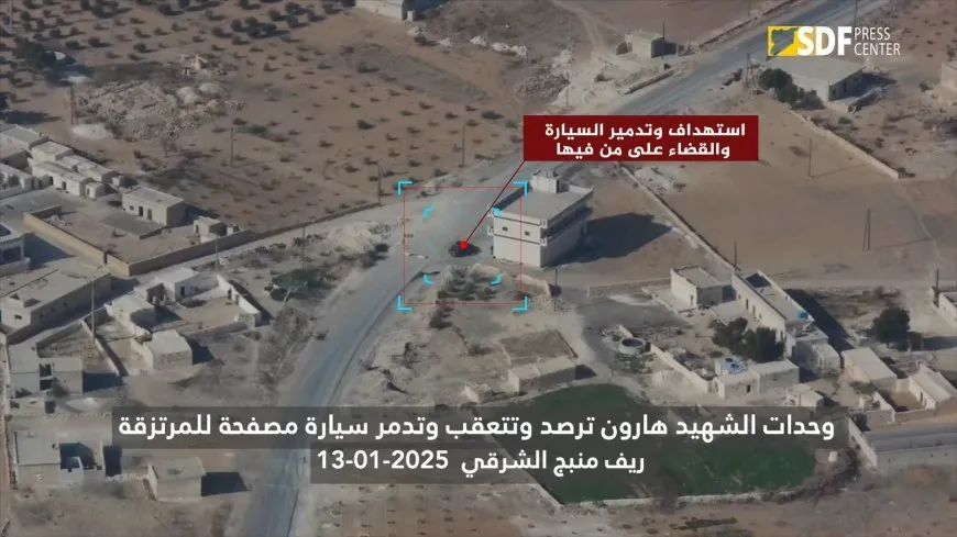 Las unidades de operaciones aéreas de las SDF destruyen un vehículo de los mercenarios turcos en Manbij