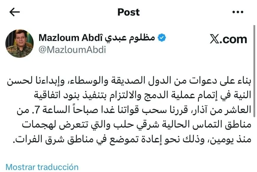 El comandante en jefe de las SDF, Mazloum Abdi, anuncia la retirada de tropas al este de Alepo