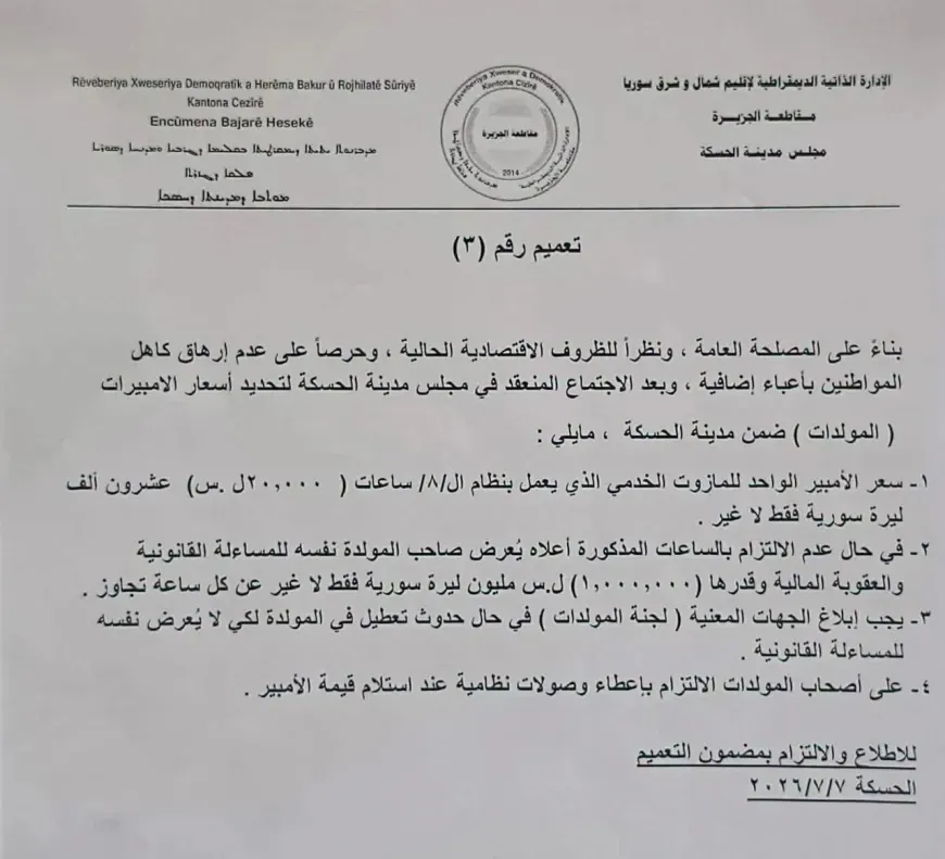 Las autoridades de Hasaka fijan en 20.000 libras el precio por amperio de los generadores de servicio