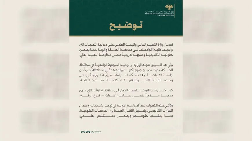 Ministry of Higher Education moves to unify university administration in Hasakah, Raqqa