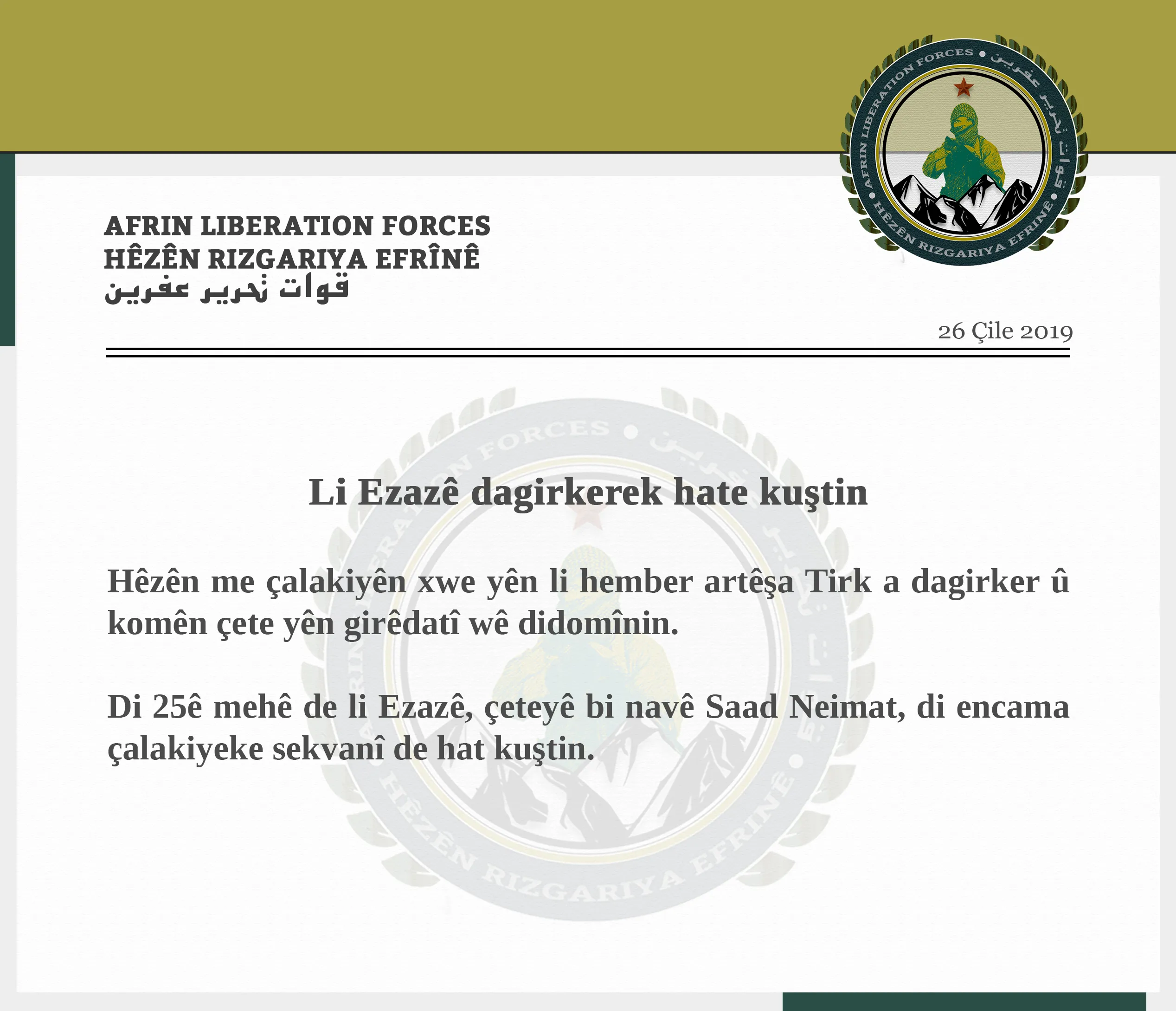 HRE: Li Ezazê dagirkerek hat kuştin