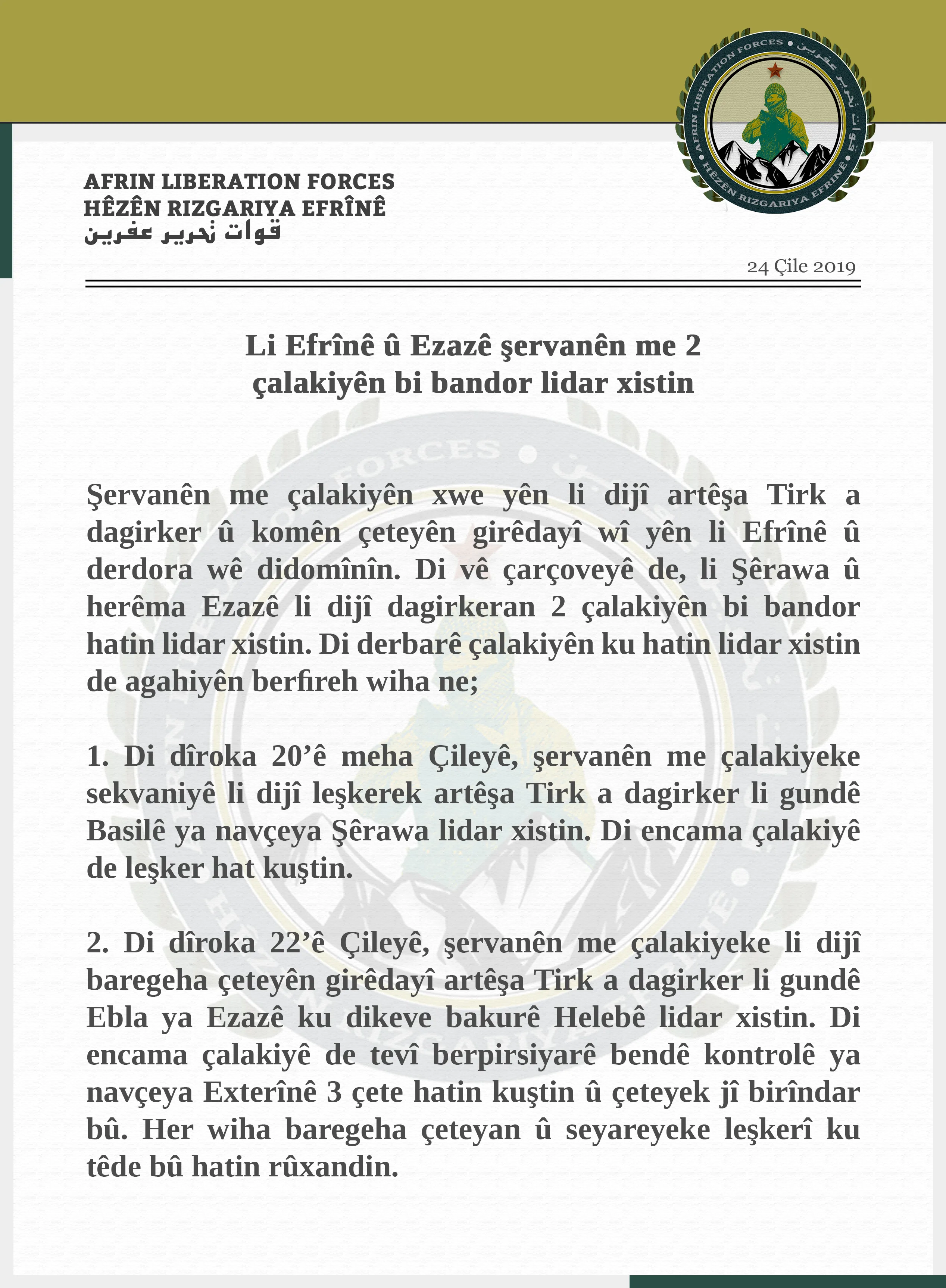 HRE: Li Efrîn û Ezazê, leşkerekî Tirk û 3 çete hatin kuştin
