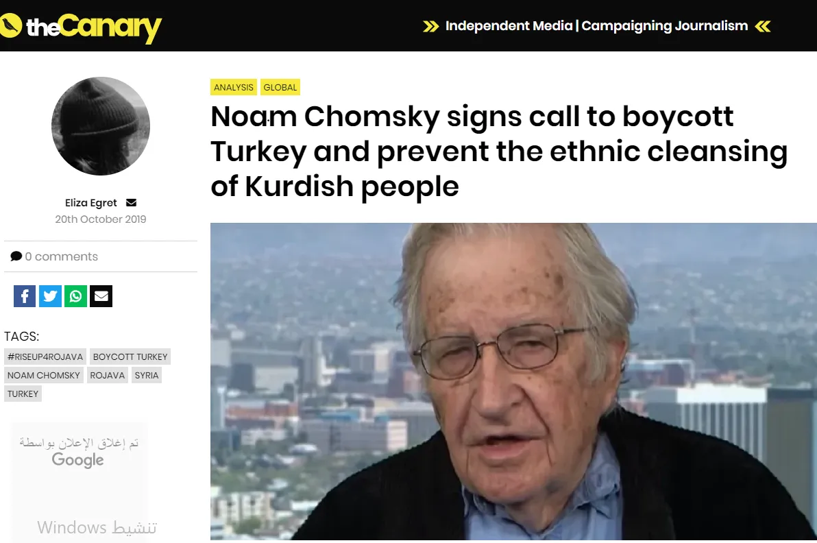 Noam Chomsky banga ‘Tirkiyê boykut bikin’mohr kir