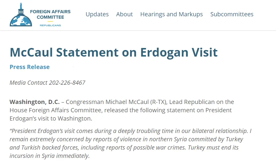 Endamê Kongreya Amerîkayê: Divê Erdogan yekser êrişên li dijî Bakur û Rojhilatê Sûriyê rawestîne