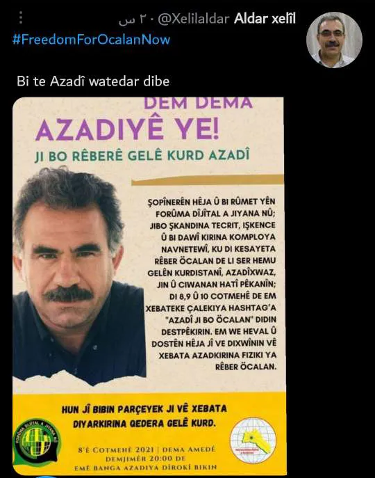 Kampanyaya haştagê ya ji bo azadiya fîzîkî ya rêber Abdullah Ocalan dest pê kir