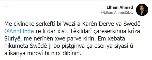 ​​​​​​​Îlham Ehmed: Me civîneke serkeftî bi Wezîra Karên Derve ya Swêdê re li dar xist