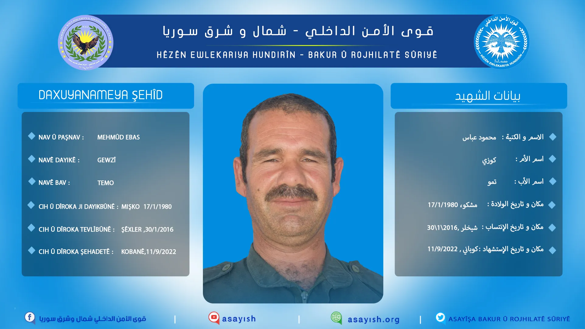 Hêzên Ewlekariya Hundirîn şehadeta endamekî xwe ragihand