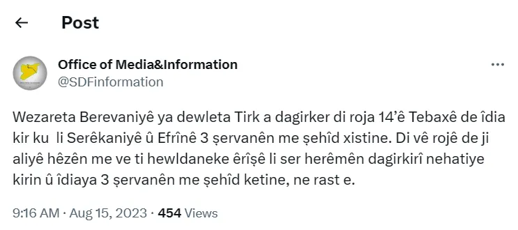 QSD: Îdiayên dewleta Tirk ên şehîdxistina 3 şervanên me derew in