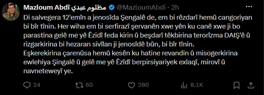 Mazlûm Ebdî: Misogeriya ewlehiya Şengalê berpirsiyariyek exlaqî û navneteweyî ye