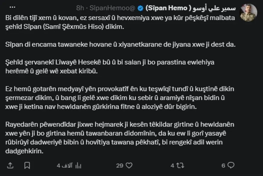 Сипан Хамо выразил соболезнования и пообещал наказать виновных в смерти бойца Сами Хиссо